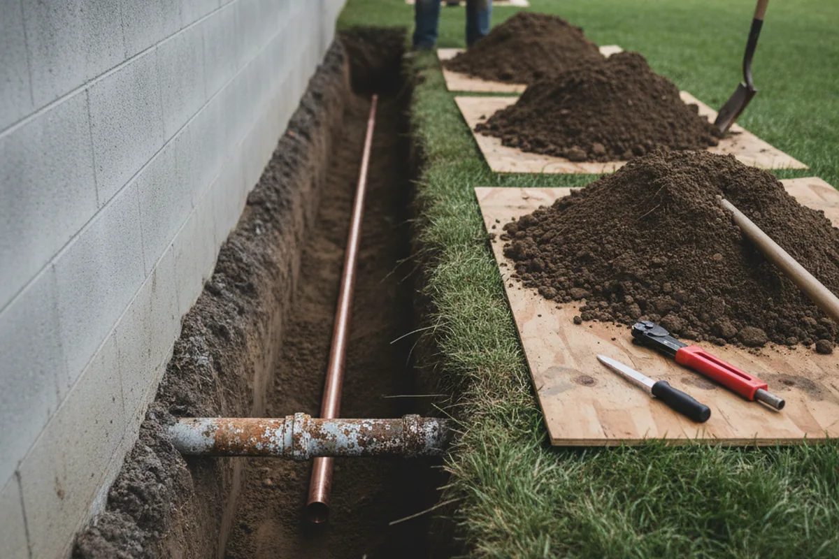 Excavated water line trench during Water Heater Repair in Wakarusa